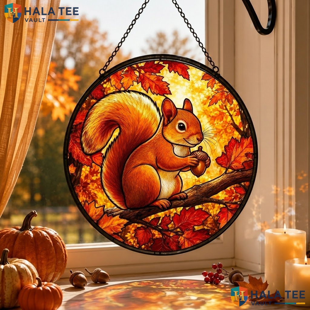 Cute Squirrel Halloween Stained Glass Suncatcher Autumn Leaf Spooky Hanging Adult