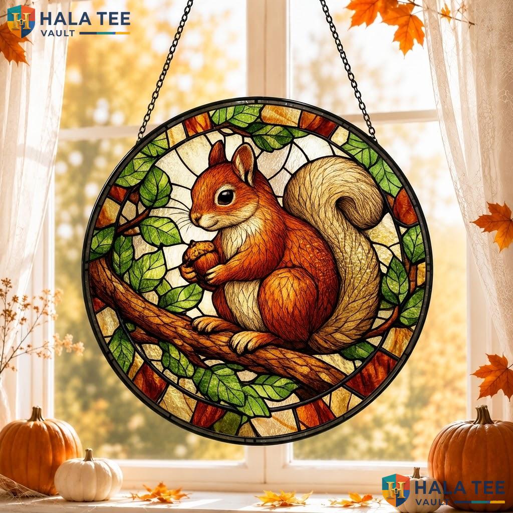 Cute Squirrel Stained Glass Suncatcher, Autumn Decor With Warm Earthy Colors