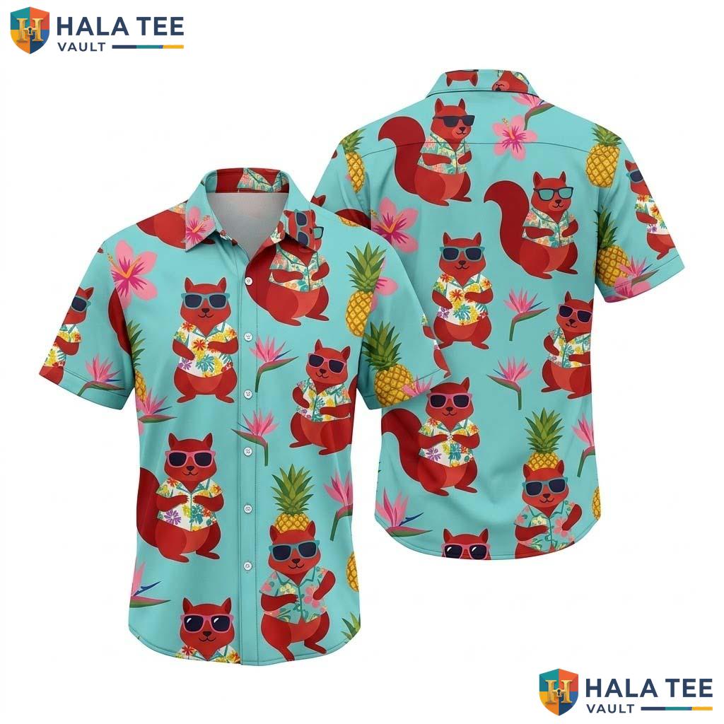 Cute Squirrel Tropical Hawaiian Shirt Fun Cartoon Sunglasses Drink Button Up