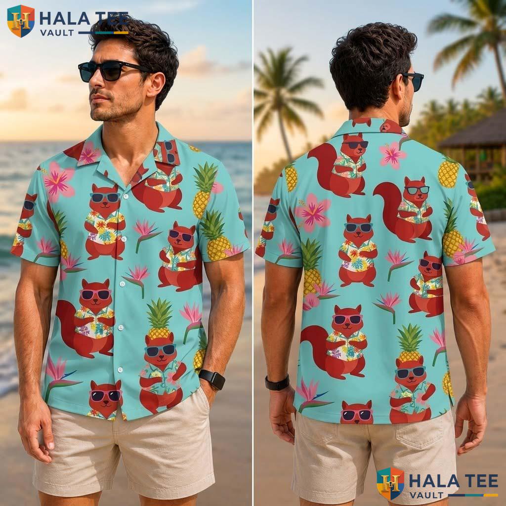 Cute Squirrel Tropical Tropical Shirt Fun Cartoon Sunglasses Drink Button Up