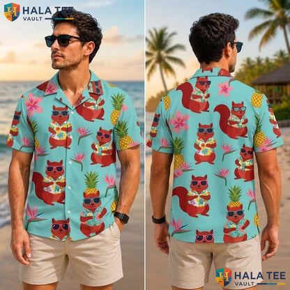 Cute Squirrel Tropical Tropical Shirt Fun Cartoon Sunglasses Drink Button Up