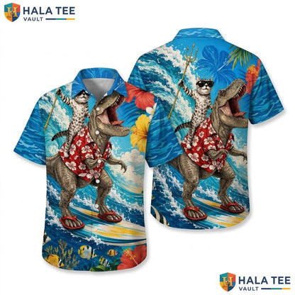 Cute T Rex Surfing Hawaiian Shirt Mens Floral Summer Beach Button Down Top
