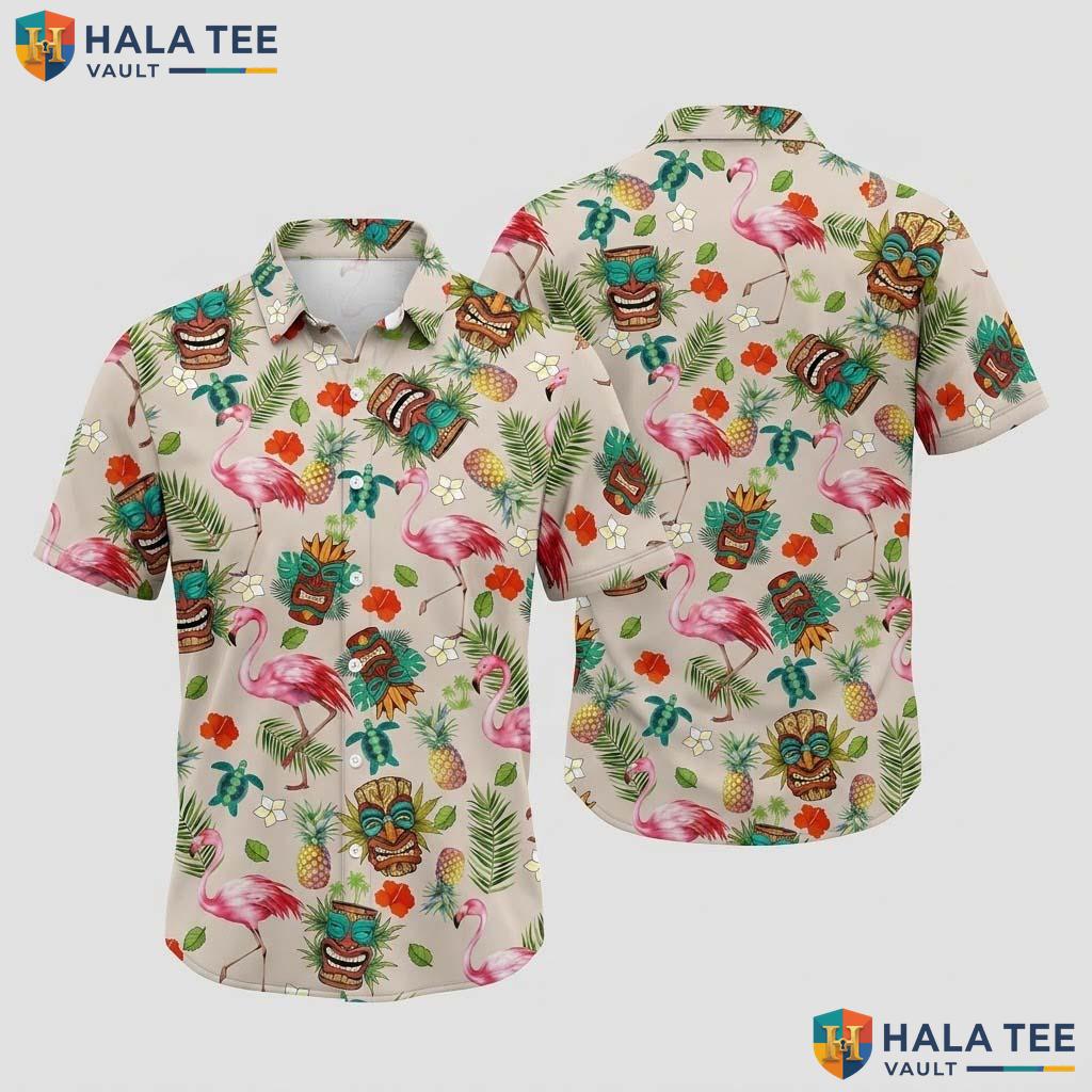 Cute Tiki Mask Hawaiian Shirt Vibrant Pink Flamingo Tropical Print Button Up