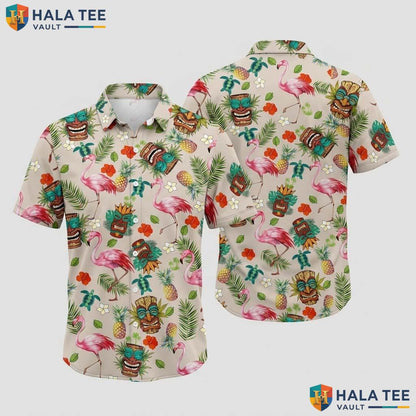 Cute Tiki Mask Hawaiian Shirt Vibrant Pink Flamingo Tropical Print Button Up