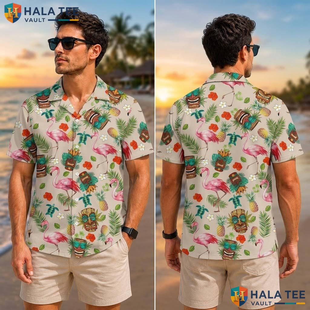 Cute Tiki Mask Tropical Shirt Vibrant Pink Flamingo Tropical Print Button Up
