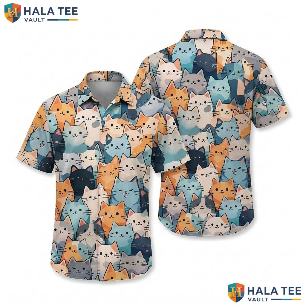 Cyan Cat Funny Hawaiian Shirt Mens Novelty Graphic Aloha Beach Top