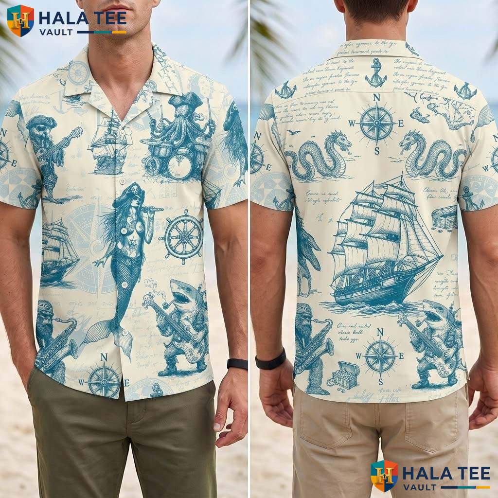 Cyan Tropical Pirate Aloha T-Shirt Mens Funny Island Vibe Vacation Gear