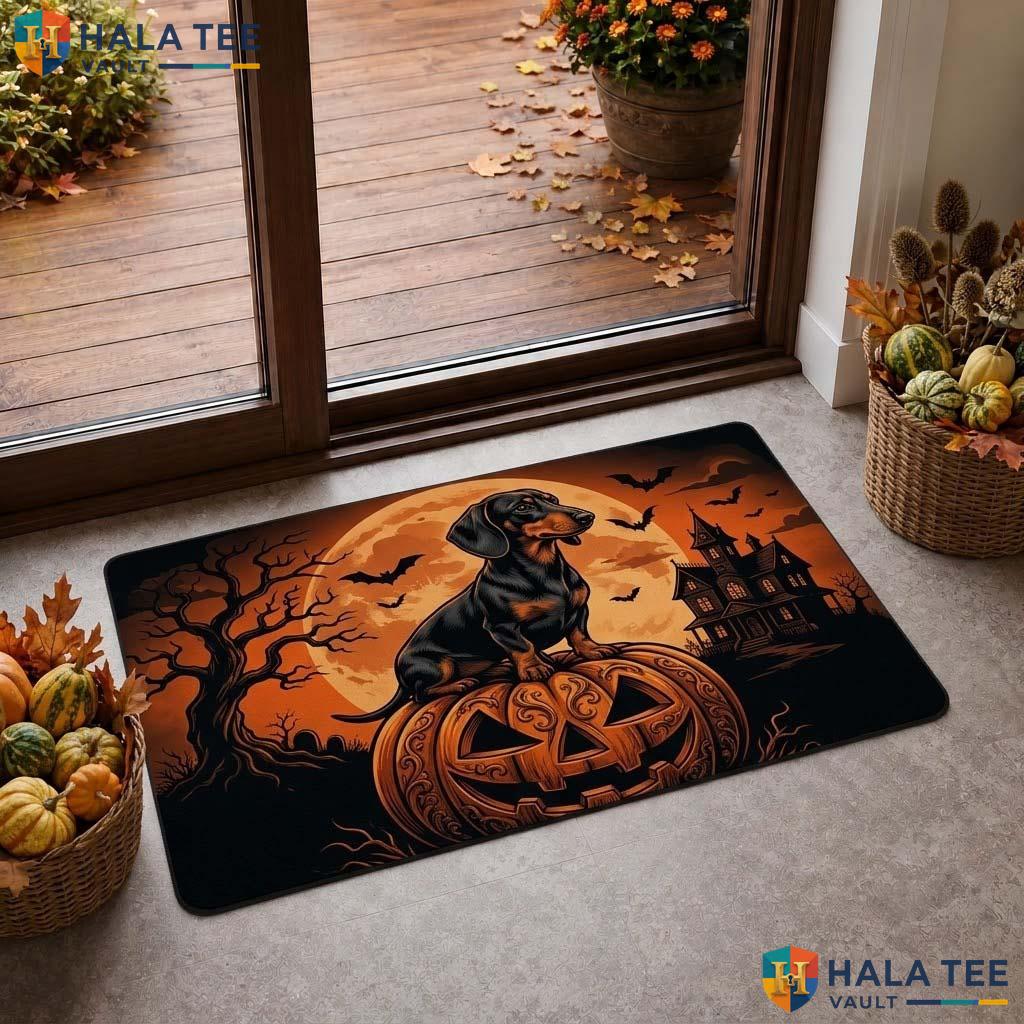 Dachshund Halloween Doormat Spooky Pumpkin Entrance Rug Dog Lover Decor