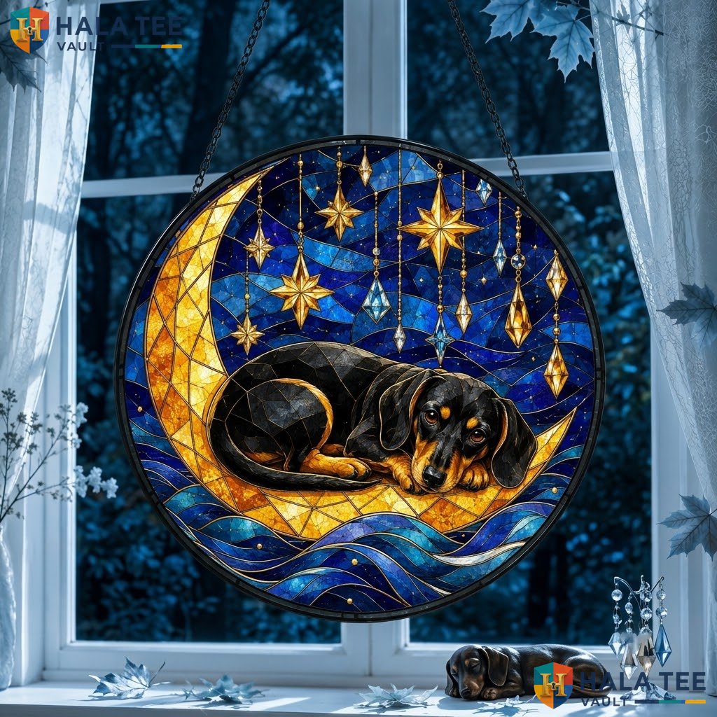 Dachshund Moon Halloween Stained Glass Suncatcher Pumpkin Decor Dog Lover Gift