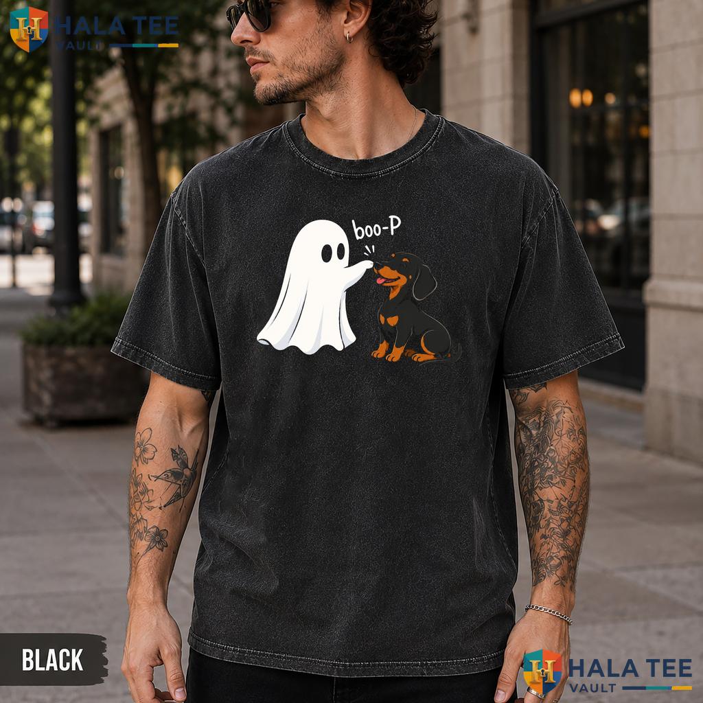 Dachshund Nose Boop Washed T-Shirt Funny Boo Ghost Halloween Dog Lover