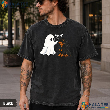Dachshund Nose Boop Washed T-Shirt Funny Boo Ghost Halloween Dog Lover