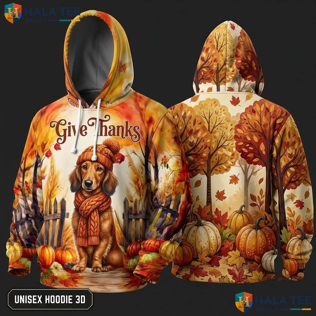 Dachshund Pumpkins Leaves Thanksgiving 3D Hoodie Give Thanks Orange