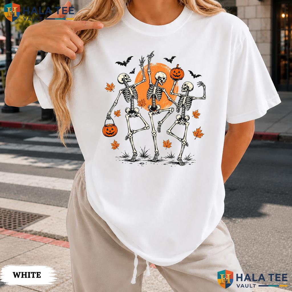 Dancing Skeleton Comfort Colors T Shirt Vintage Pumpkin Autumn Leaves Top