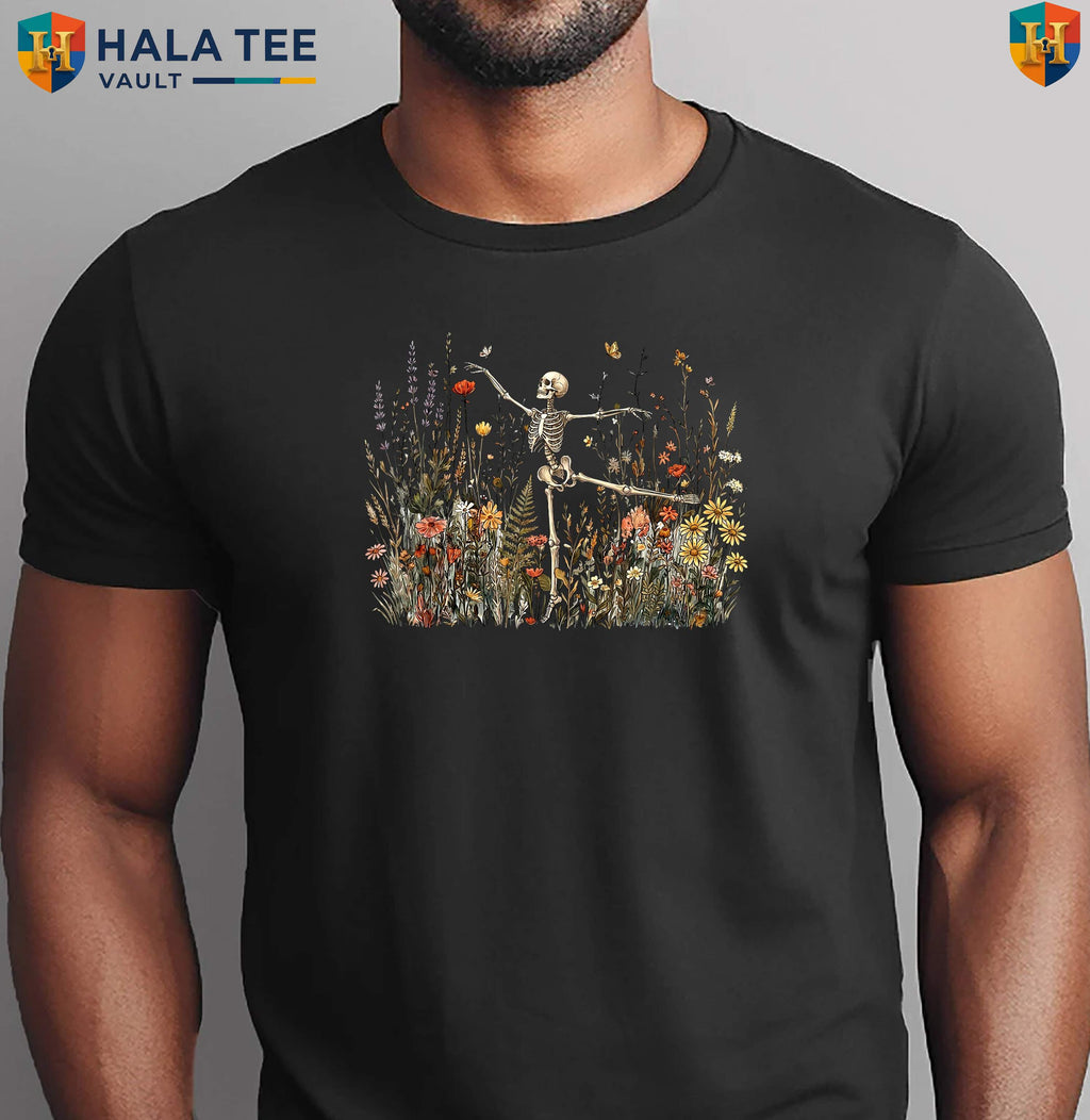 Dancing Skeleton Cottagecore Shirt Arabesque Wildflower Botanical Graphic Top