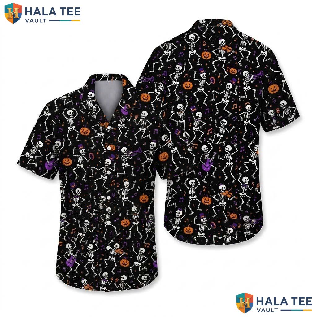 Dancing Skeleton Halloween Hawaiian Shirt Orange Witch Hat Aloha Top