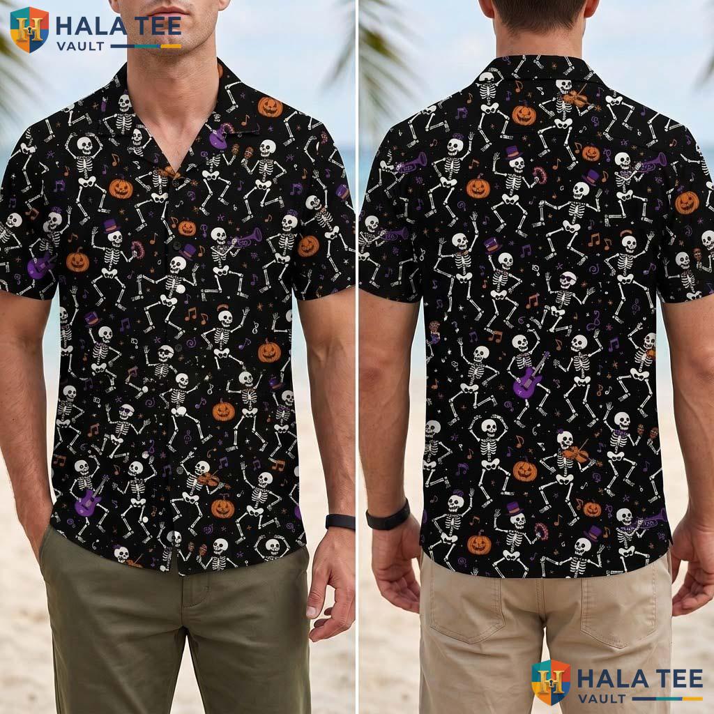 Dancing Skeleton Halloween Hawaiian Shirt Orange Witch Hat Aloha Top Adult