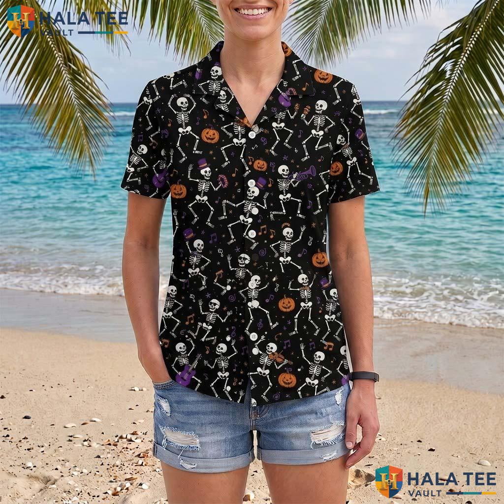 Dancing Skeleton Halloween Hawaiian Shirt Orange Witch Hat Aloha Top Adult