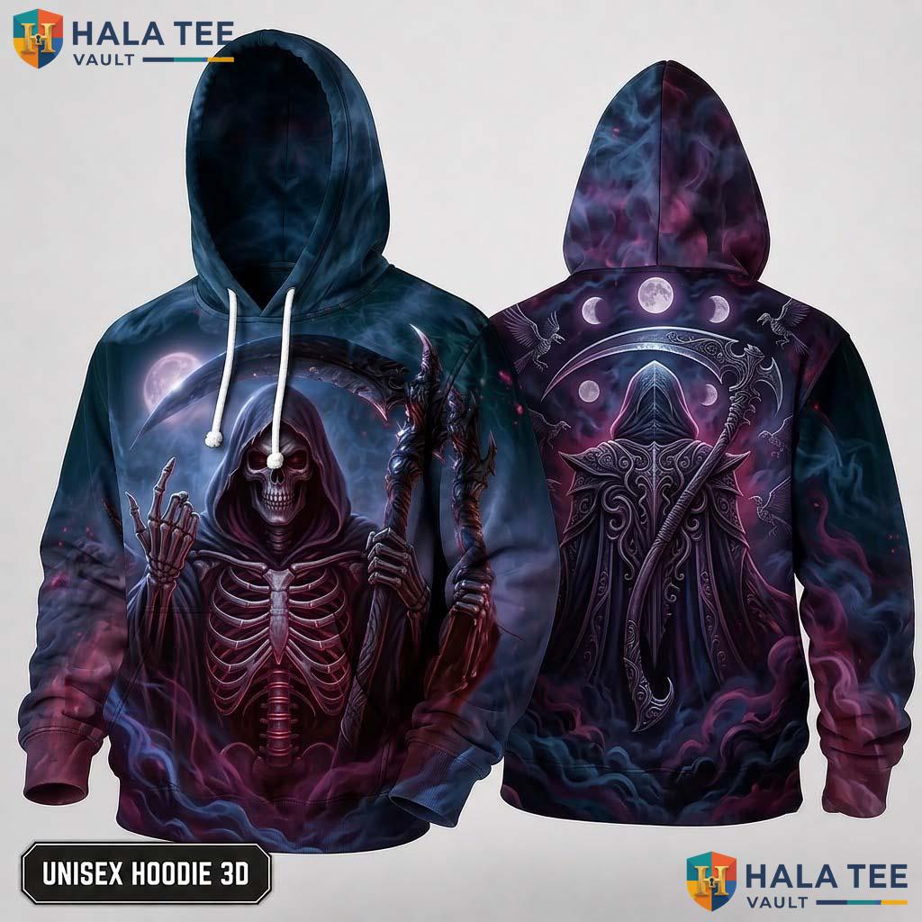 Dark Blue Celestial Reaper 3D Hoodie Vintage Gothic Graphic Streetwear