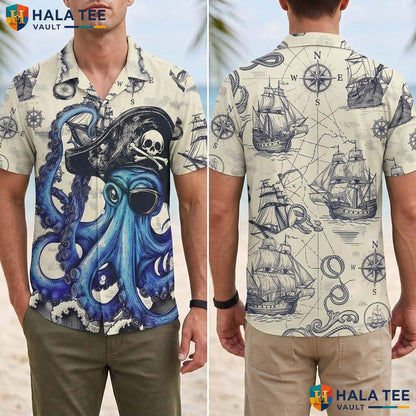 Dark Blue Pirate Aloha T-Shirt Mens Funny Nautical Beach Vacation Apparel