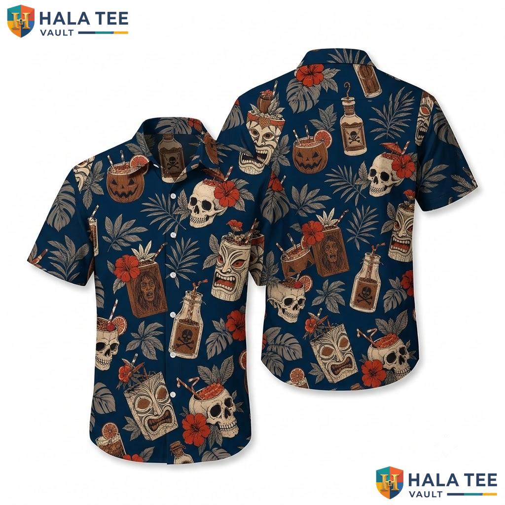 Dark Blue Skull Pumpkin Aloha Shirt Vibrant Tiki Casual Outing Apparel