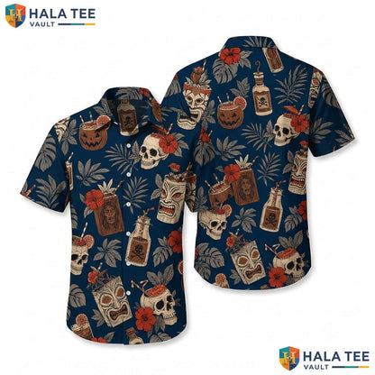 Dark Blue Skull Pumpkin Aloha Shirt Vibrant Tiki Casual Outing Apparel