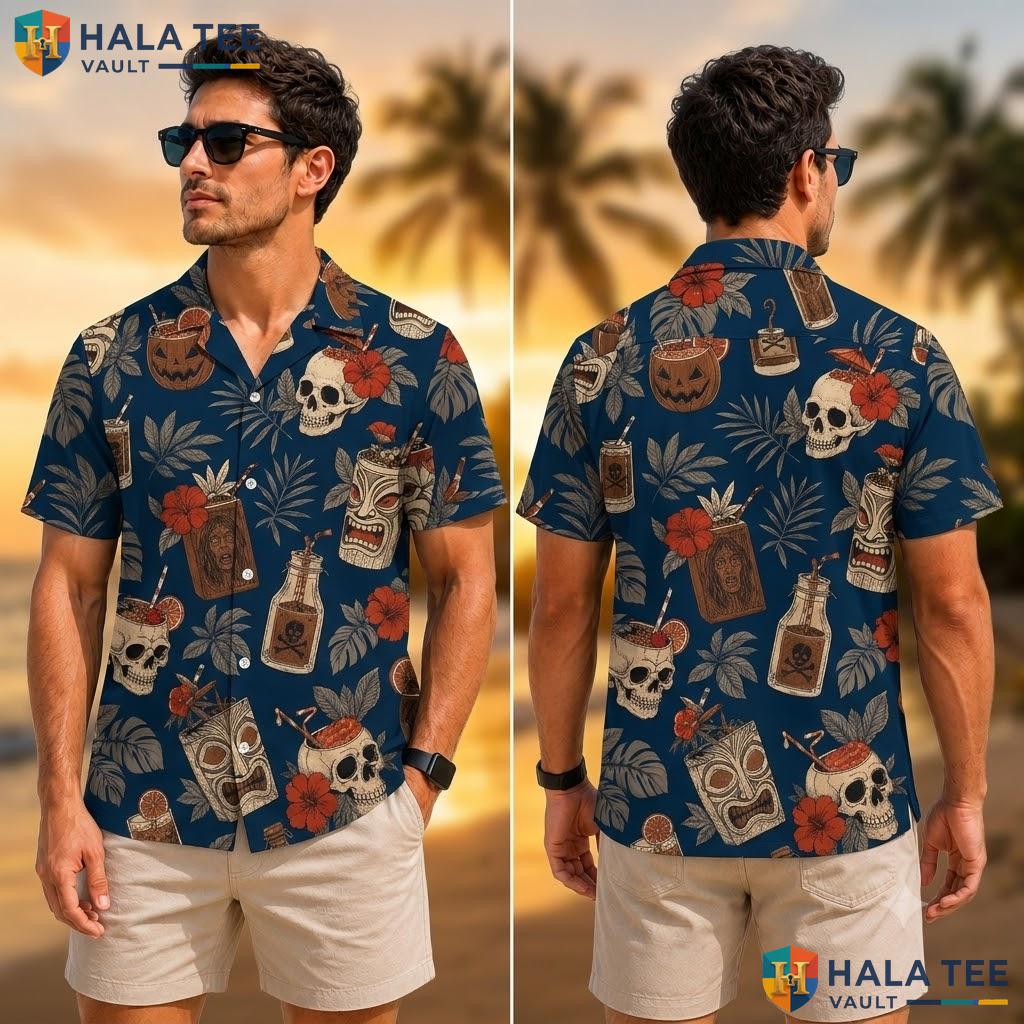 Dark Blue Skull Pumpkin Aloha Shirt Vibrant Tiki Casual Outing Apparel Adult