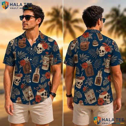 Dark Blue Skull Pumpkin Aloha Shirt Vibrant Tiki Casual Outing Apparel Adult
