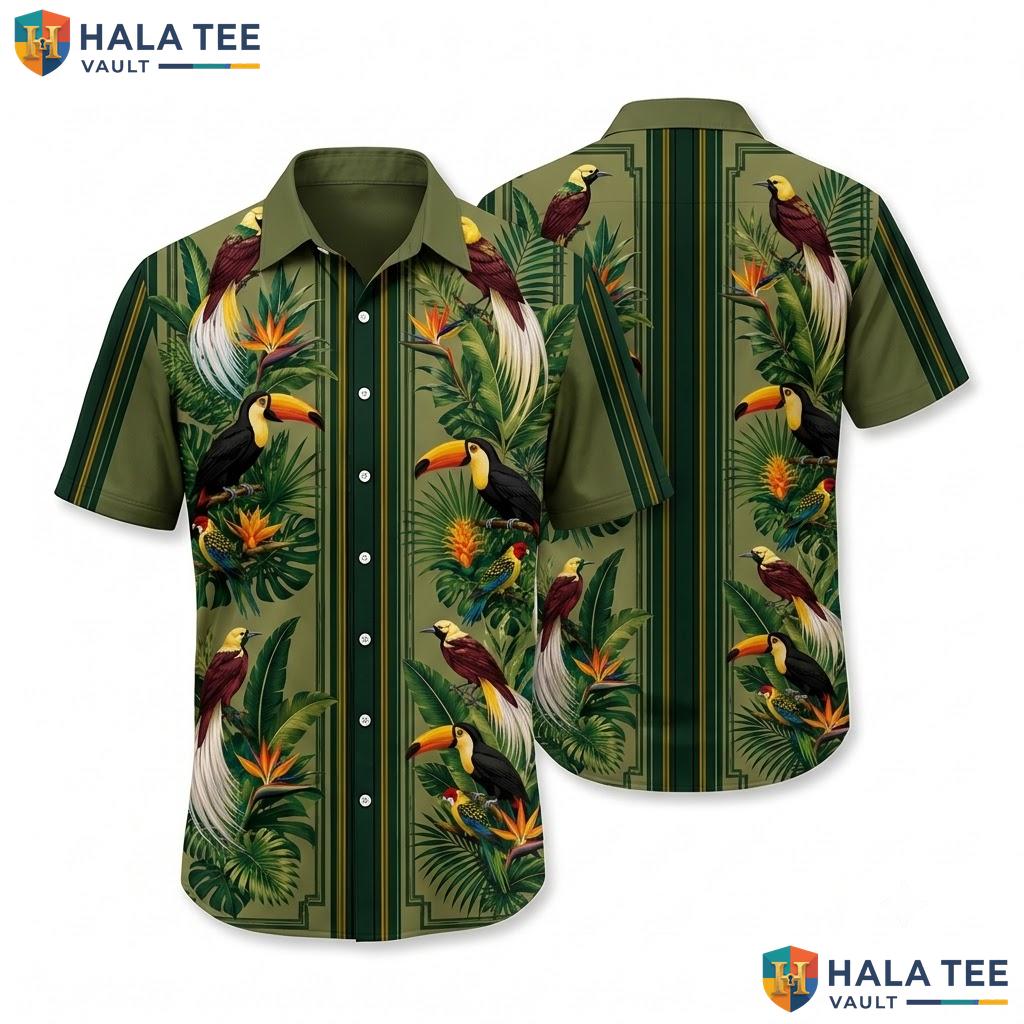 Dark Green Toucan Hawaiian Shirt Vibrant Tropical Bird Flower Button Down