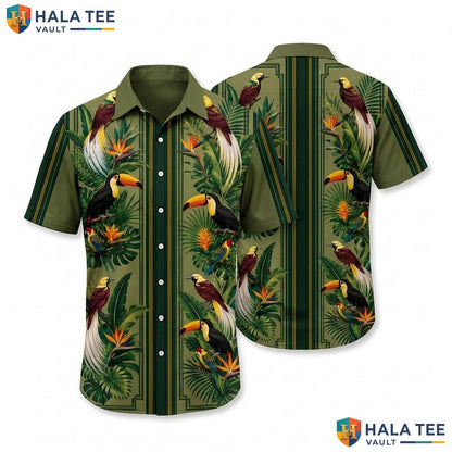 Dark Green Toucan Hawaiian Shirt Vibrant Tropical Bird Flower Button Down