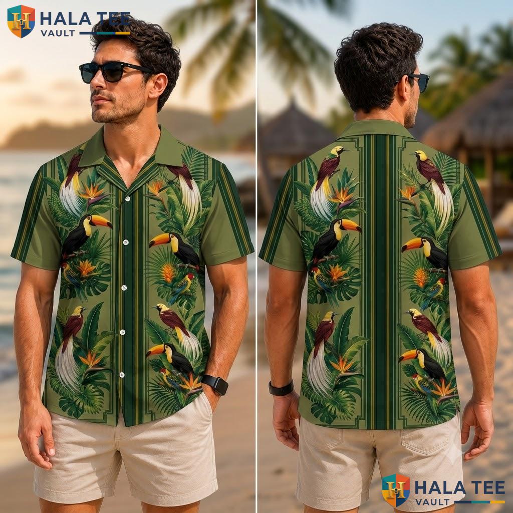Dark Green Toucan Hawaiian Shirt Vibrant Tropical Bird Flower Button Down Adult