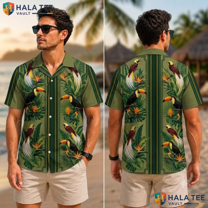 Dark Green Toucan Hawaiian Shirt Vibrant Tropical Bird Flower Button Down Adult