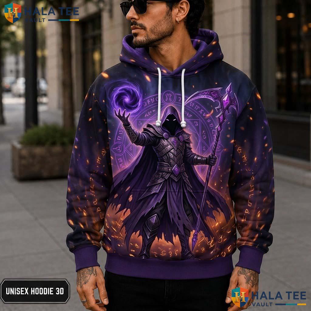 Dark Purple Grim Reaper 3D Printed Hoodie Mystical Gothic Skeleton Streetwear