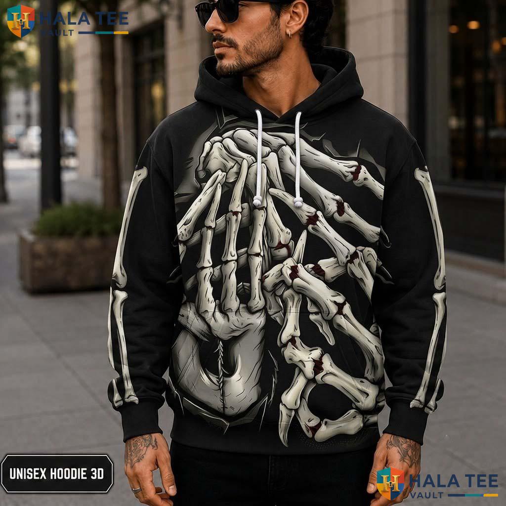 Dark Skeletal Hand 3D Printed Hoodie Unisex Eerie Graphic Halloween Sweatshirt