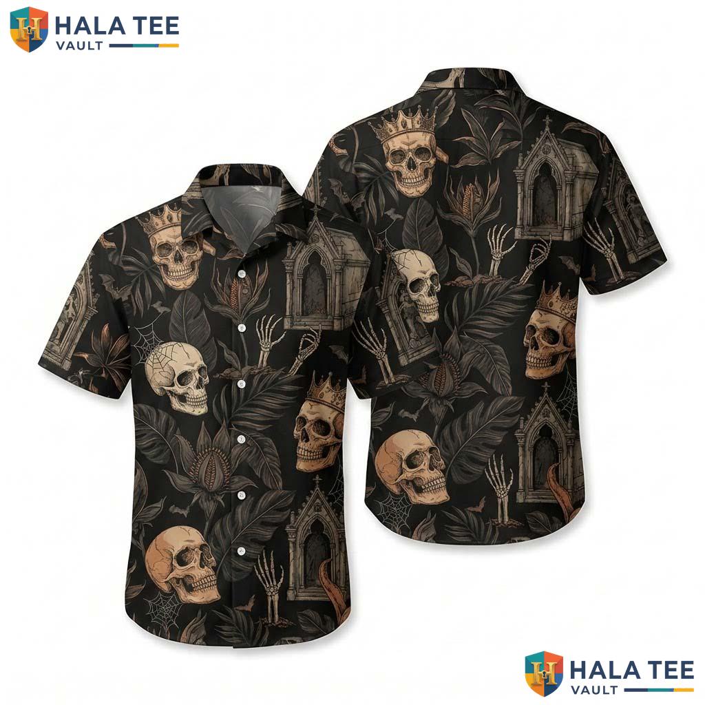 Dark Skeleton Halloween Hawaiian Shirt Gothic Tropical Vacation Top