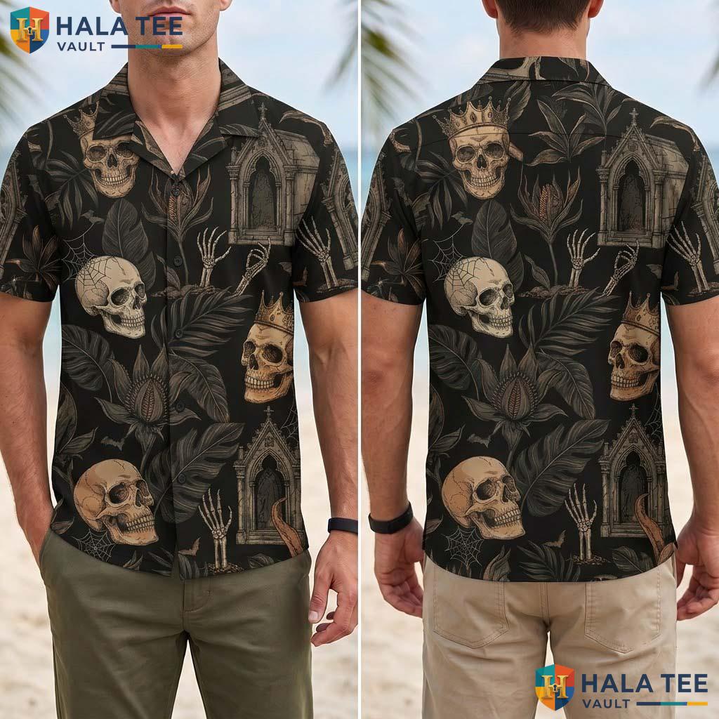 Dark Skeleton Halloween Hawaiian Shirt Gothic Tropical Vacation Top Adult