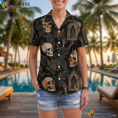 Dark Skeleton Halloween Hawaiian Shirt Gothic Tropical Vacation Top Adult