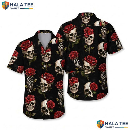 Dark Vintage Halloween Hawaiian Shirt Skull Roses Gothic Aloha Top