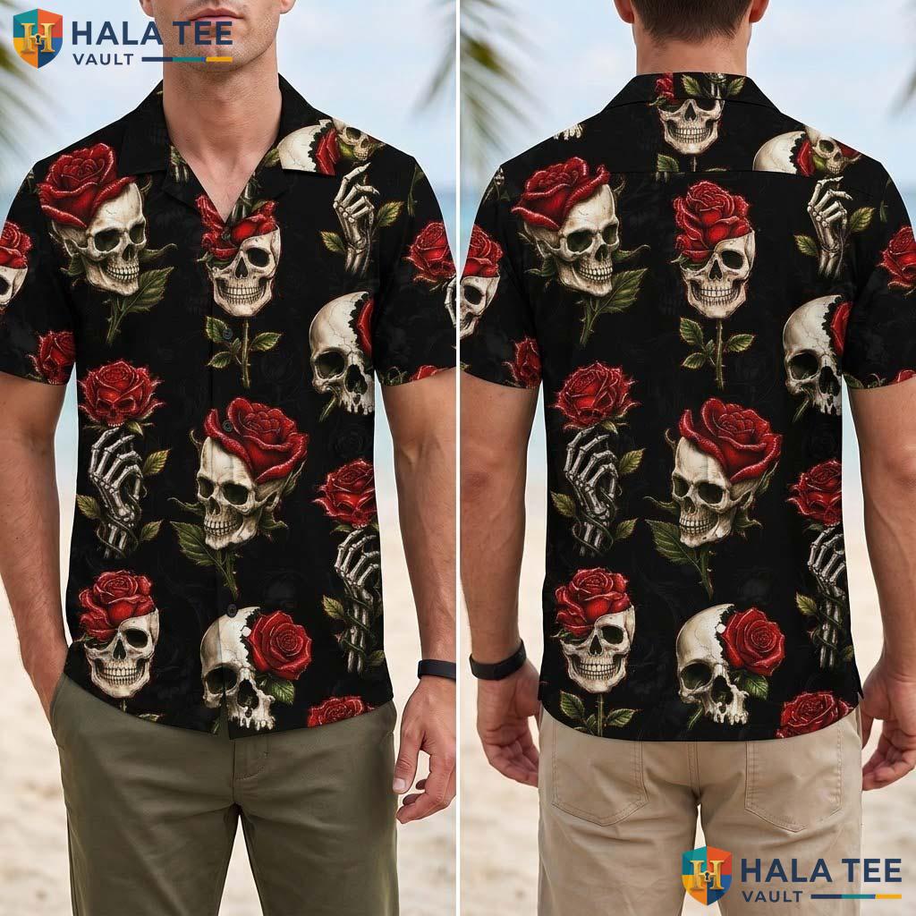 Dark Vintage Halloween Hawaiian Shirt Skull Roses Gothic Aloha Top Adult