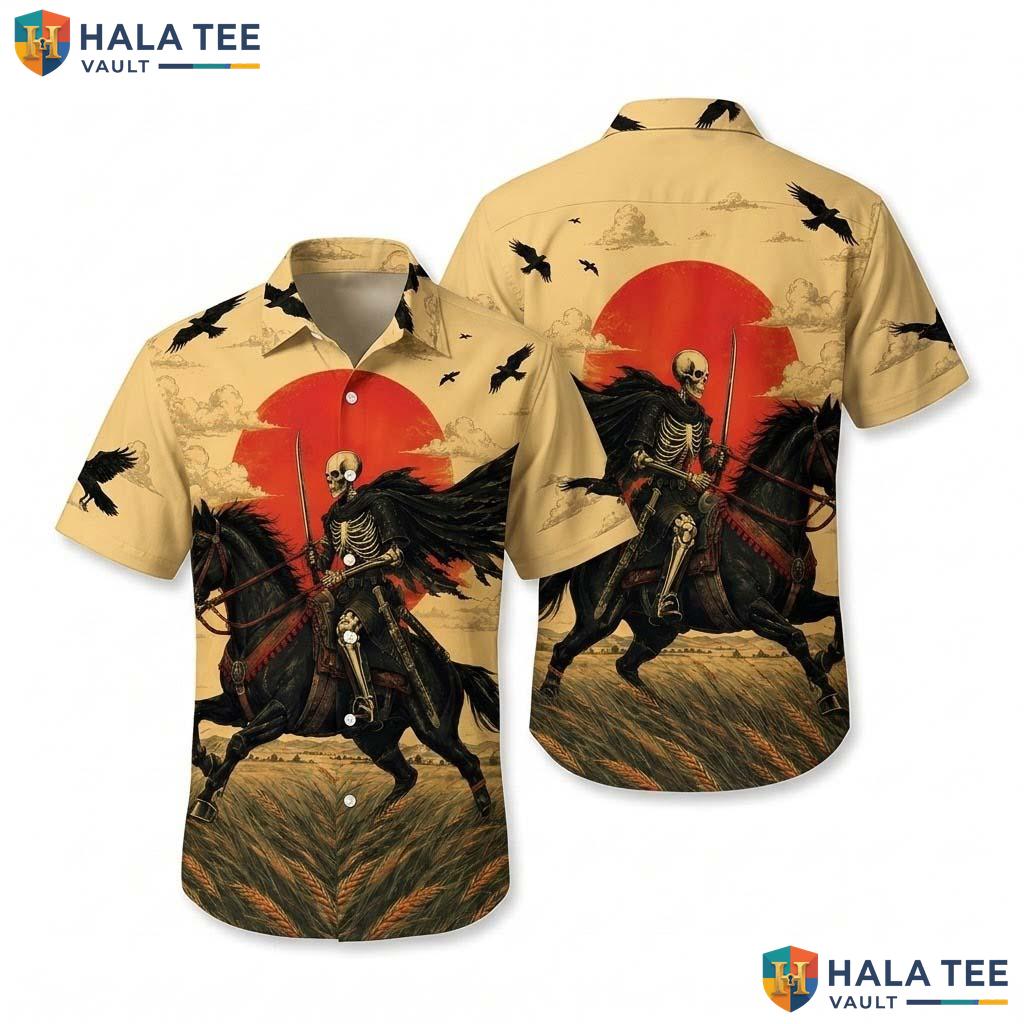 Dark Western Halloween Hawaiian Shirt Skeleton Rider Sunset Aloha Top Adult