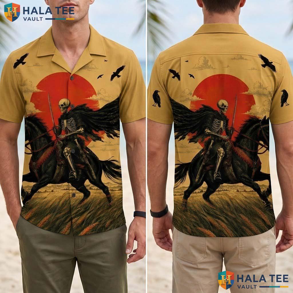 Dark Western Halloween Hawaiian Shirt Skeleton Rider Sunset Aloha Top Adult