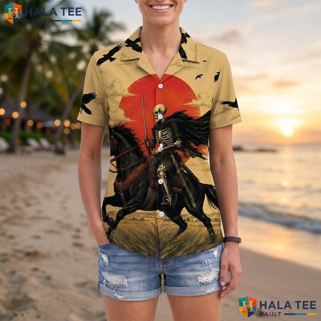 Dark Western Halloween Hawaiian Shirt Skeleton Rider Sunset Aloha Top Adult