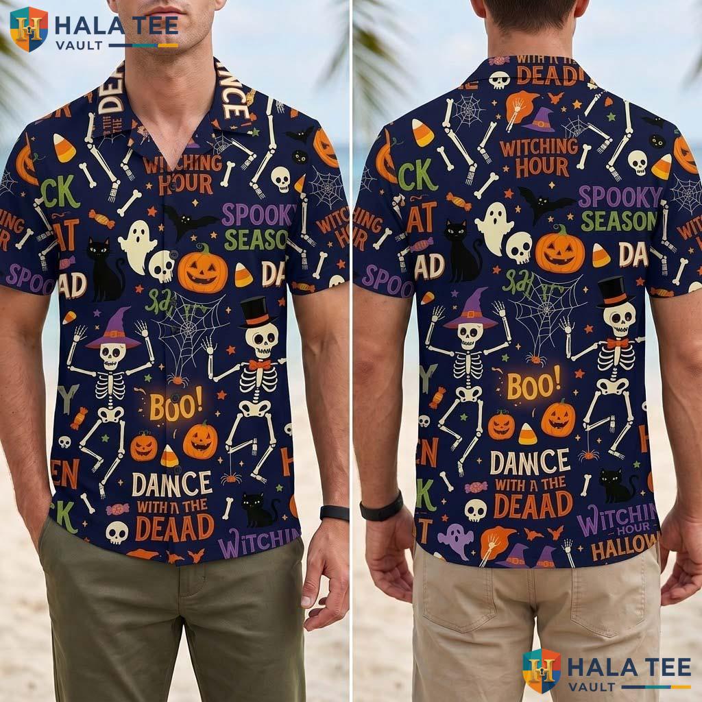 Dead Dance Halloween Hawaiian Shirt Funny Skeleton Pumpkin Aloha Top Adult