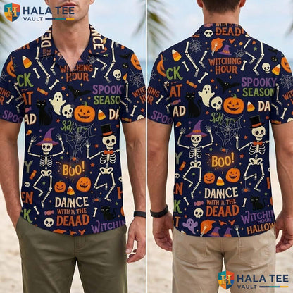Dead Dance Halloween Hawaiian Shirt Funny Skeleton Pumpkin Aloha Top Adult