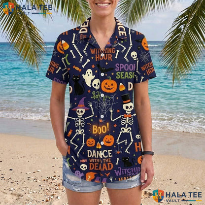 Dead Dance Halloween Hawaiian Shirt Funny Skeleton Pumpkin Aloha Top Adult