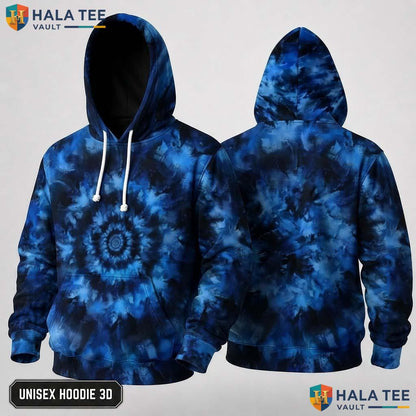 Deep Dark Blue Tie Dye Hoodie Mens Unisex Rainbow Graphic Art Pullover