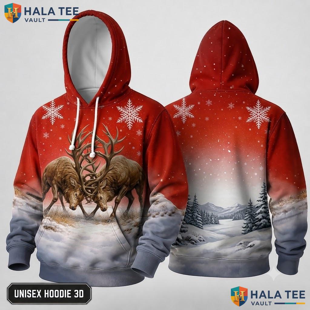 Deer Mountains Snowflakes Christmas 3D Hoodie Majestic Dark Red
