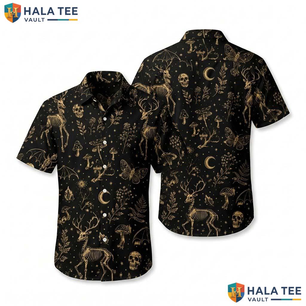 Deer Skull Halloween Hawaiian Shirt Gothic Mushroom Nature Aloha Top