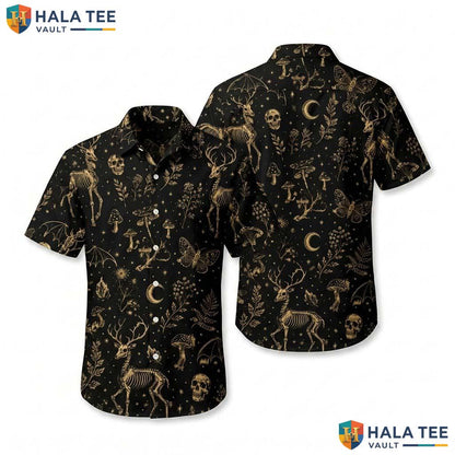 Deer Skull Halloween Hawaiian Shirt Gothic Mushroom Nature Aloha Top