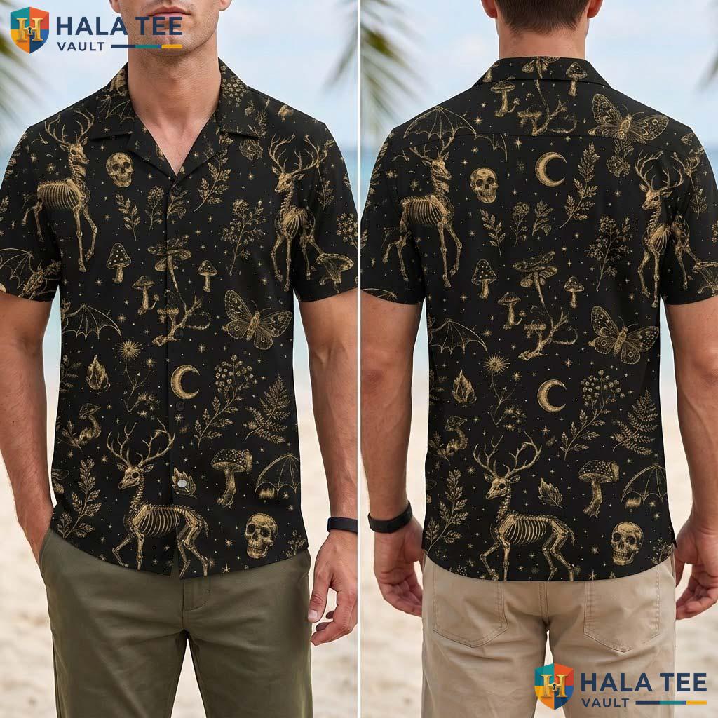 Deer Skull Halloween Hawaiian Shirt Gothic Mushroom Nature Aloha Top Adult