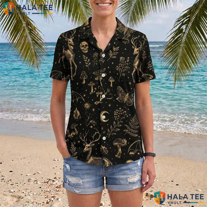Deer Skull Halloween Hawaiian Shirt Gothic Mushroom Nature Aloha Top Adult